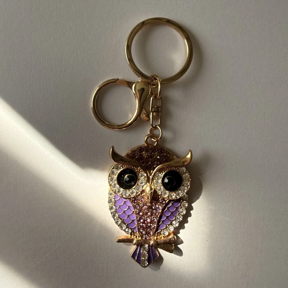 Mint Owl Rhinestone Keychain Gold‎ Bling Crystal Purse Charm Keyring Purple